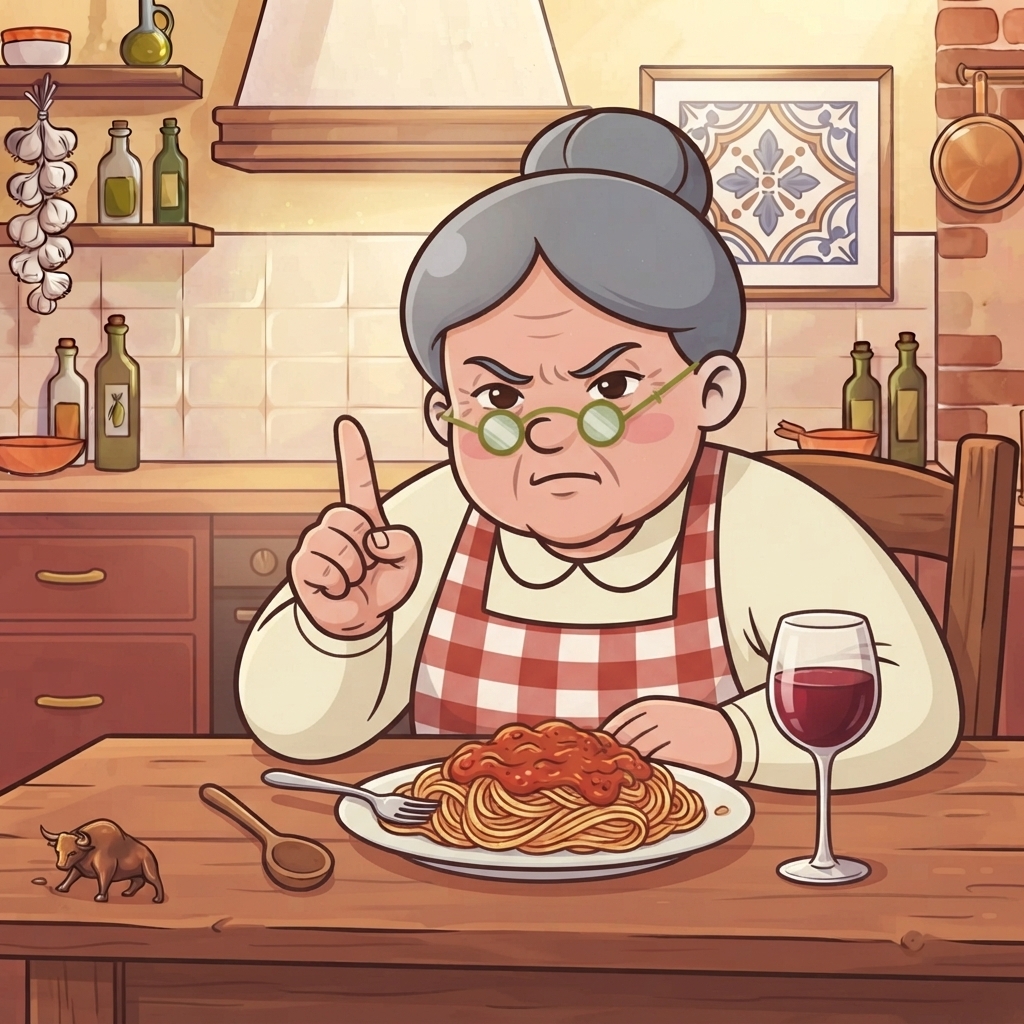 Nonna raising a finger over a plate of spaghetti and a glass of red wine