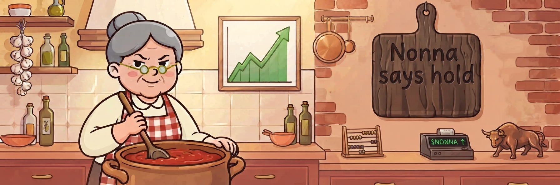 Nonna stirring sauce in her kitchen under a sign that says Nonna says hold