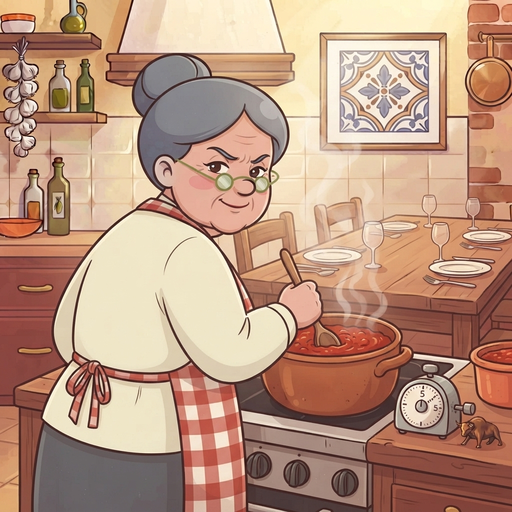 Nonna stirring a big pot of sauce while the table is set for guests