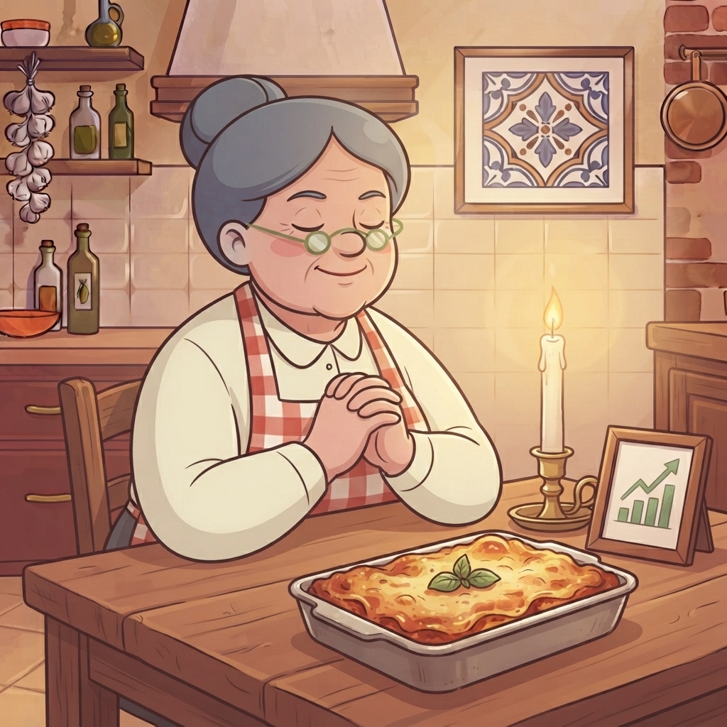 Nonna praying with a candle next to a fresh lasagna and a small green chart