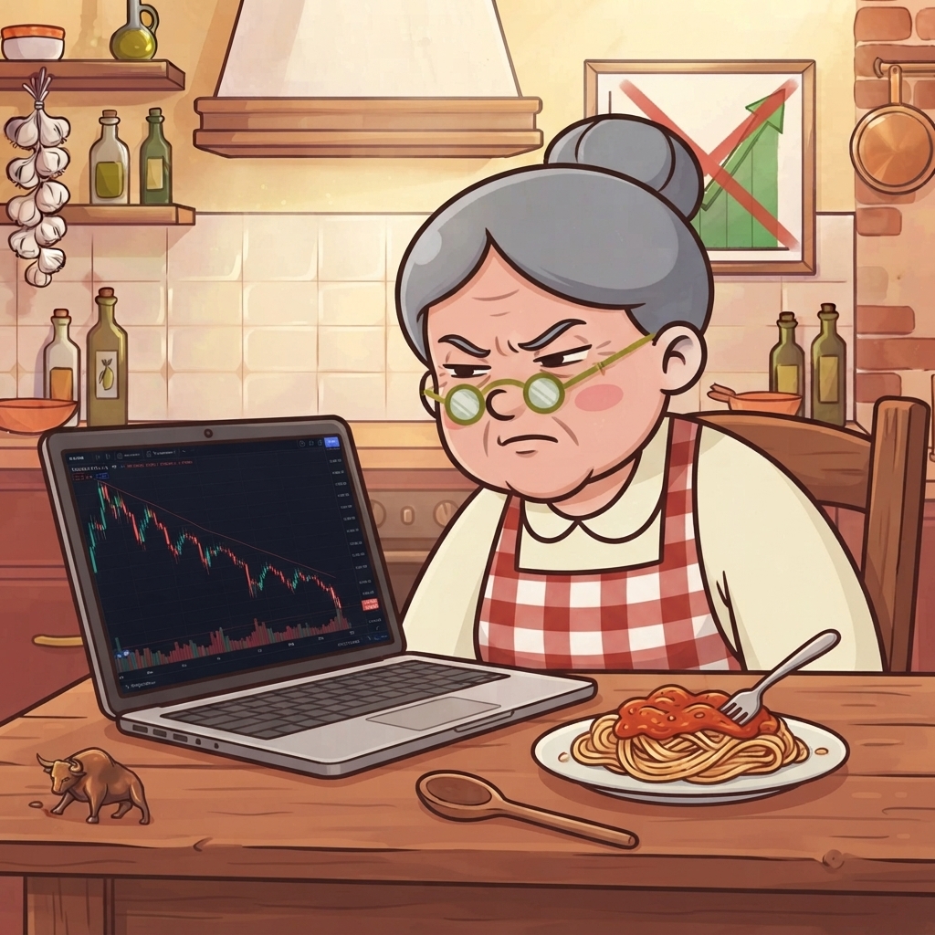 Nonna frowning at a red chart on her laptop next to a plate of pasta
